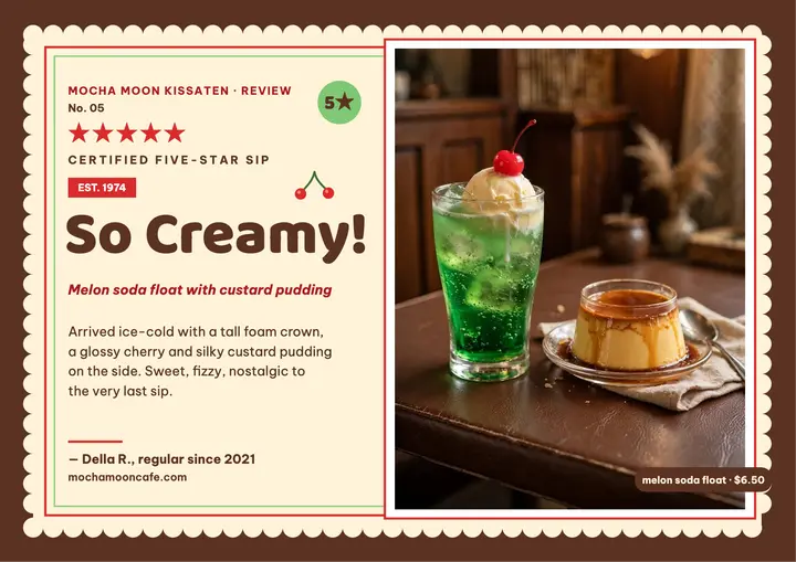 Mocha Moon melon soda review card: cafe review card template