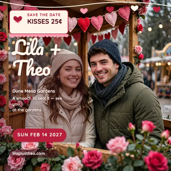 Lila and Theo kissing booth save the date template