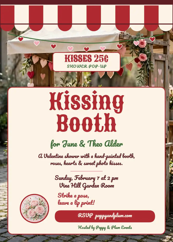 Kissing booth shower invitation with roses: kissing booth shower invitation template