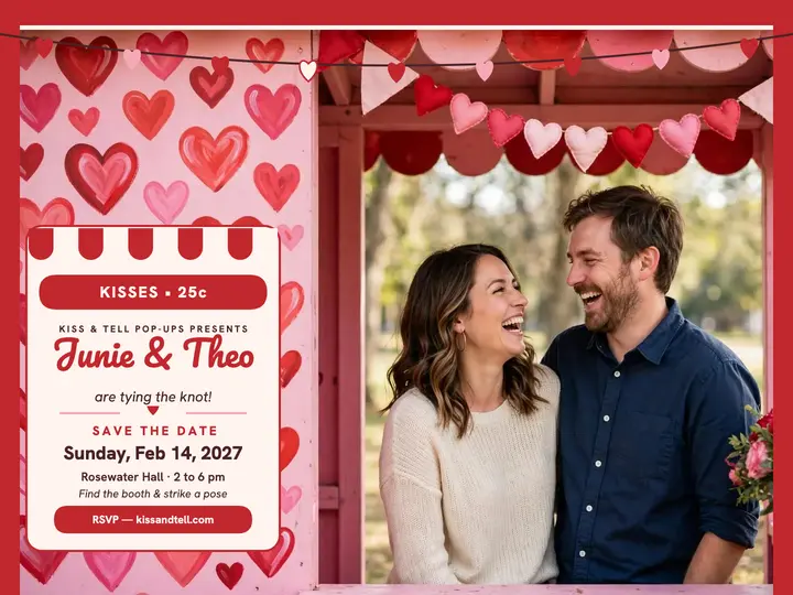 Junie Bell and Theo Marsh kissing booth save the date: save the date slide template