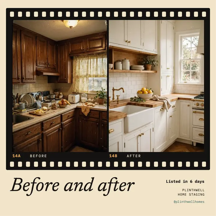 Kitchen refresh before and after half-frame diptych: kitchen before and after post template