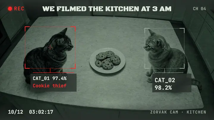 Kitchen cam cats YouTube thumbnail, surveillance frame template