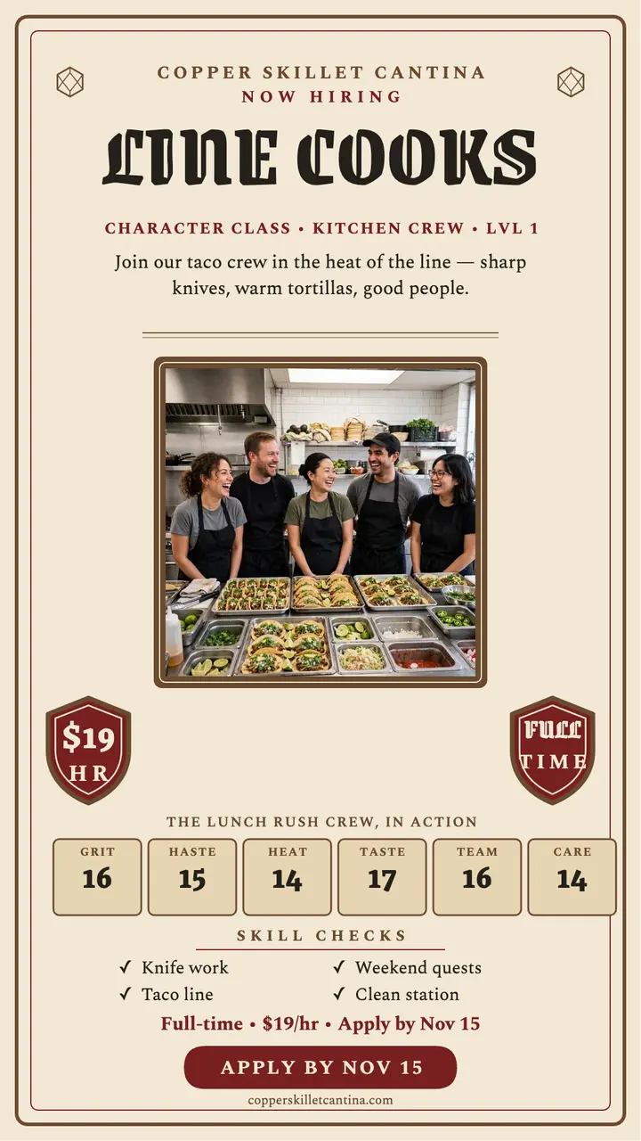 Copper Skillet Cantina line cooks hiring story: hiring cooks story template