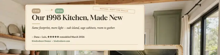 Kindrednest kitchen then and now banner: kitchen remodel review banner template
