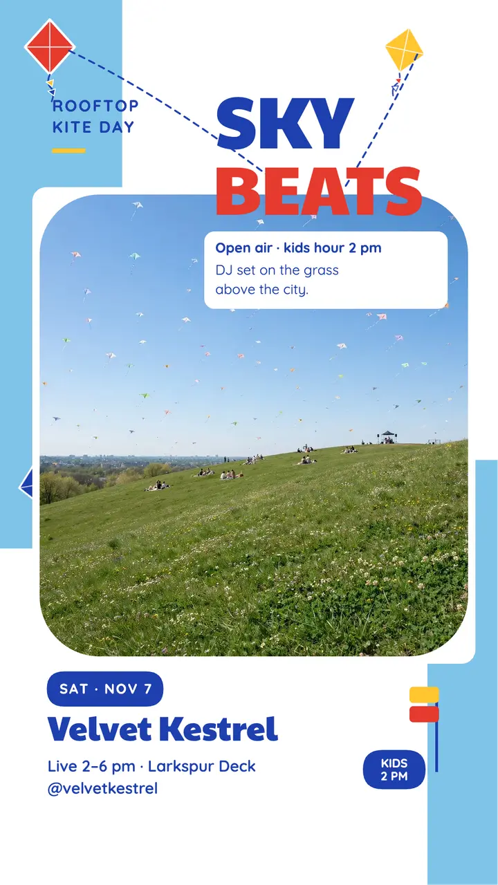 Velvet Kestrel rooftop kite afternoon story template