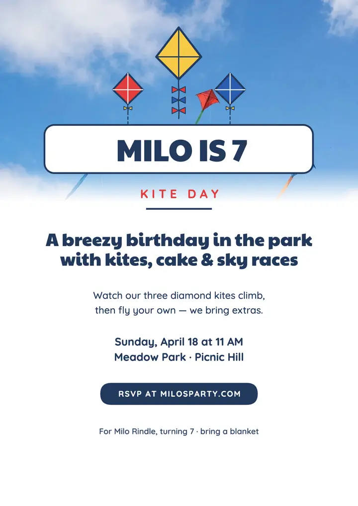 Milo Rindle kite-day seventh birthday flyer template