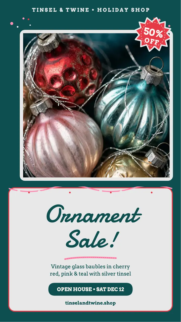 Tinsel and Twine ornament sale story template