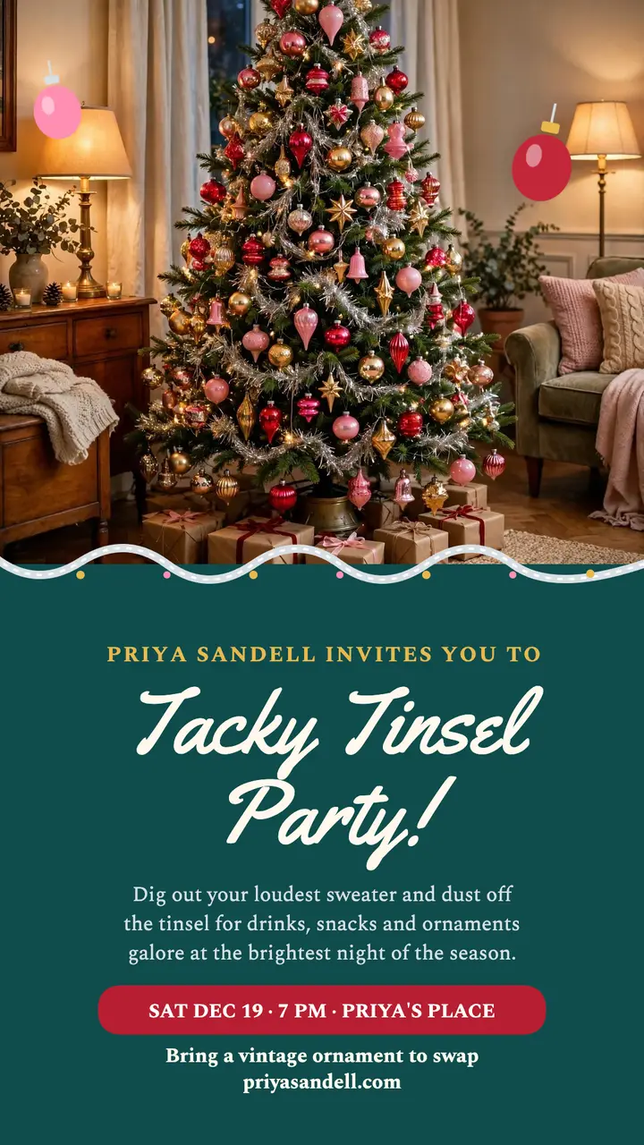 Tacky tinsel Christmas party story invite template