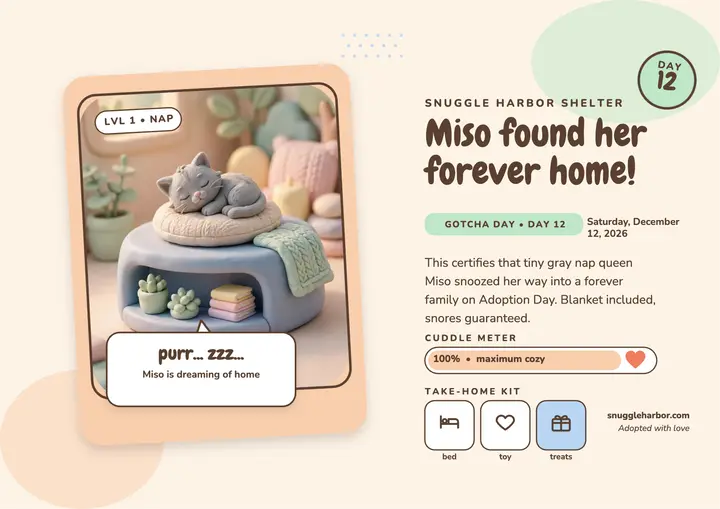 Miso kitten adoption certificate, Snuggle Harbor template