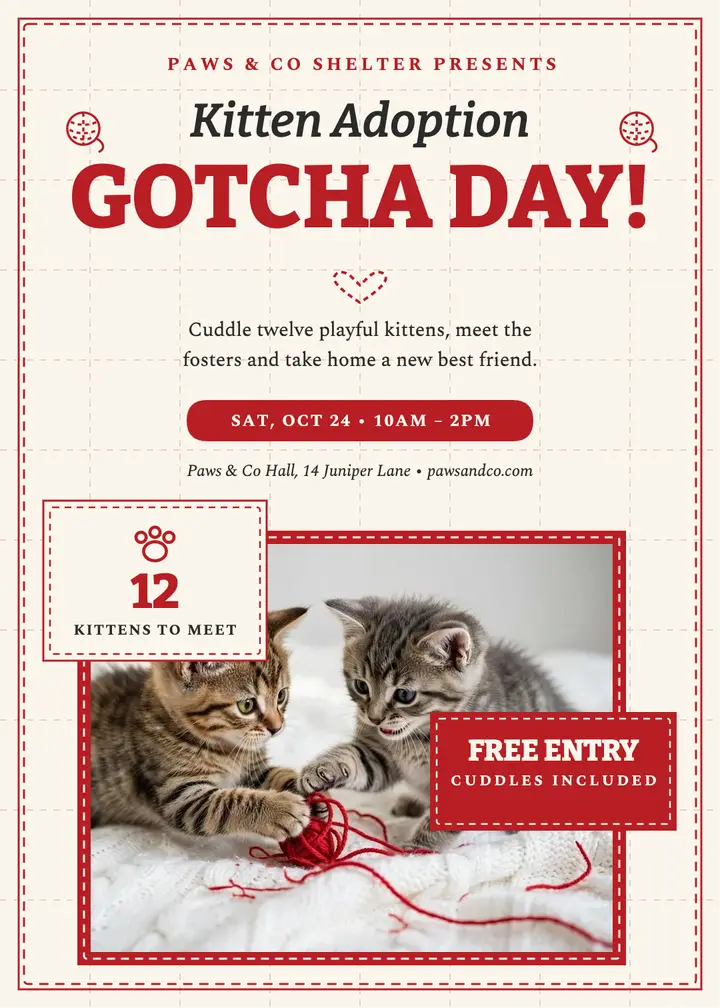 Kitten Gotcha Day invitation, redwork template