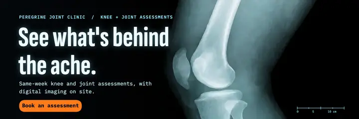 Peregrine Joint Clinic knee assessment X header, X-ray glow: knee clinic header template