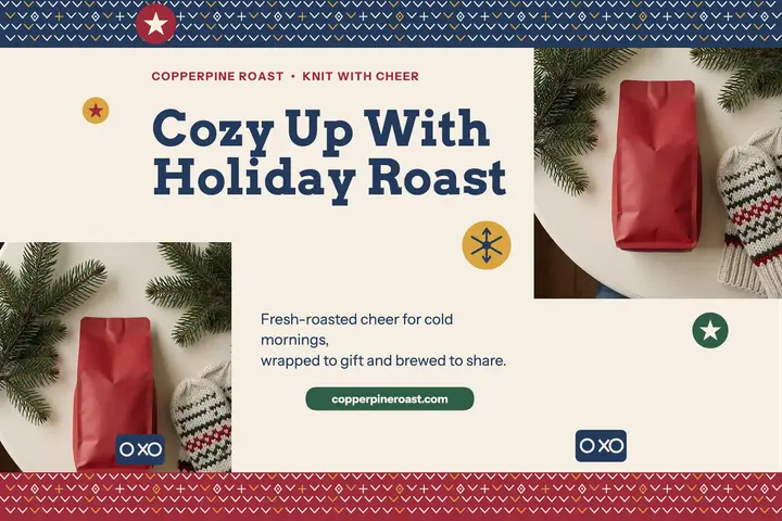Copperpine holiday roast knit postcard: holiday coffee postcard template