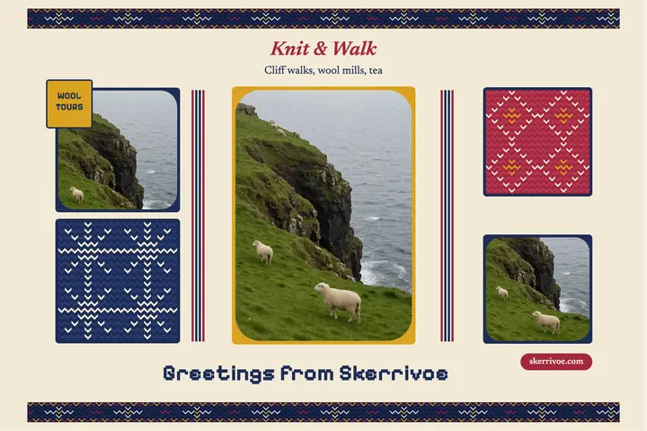 Greetings from Skerrivoe knitwear tour postcard template