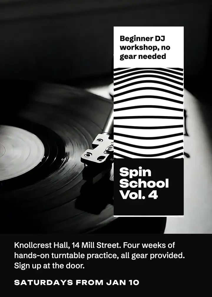Beginner DJ school, op art illusion invitation template
