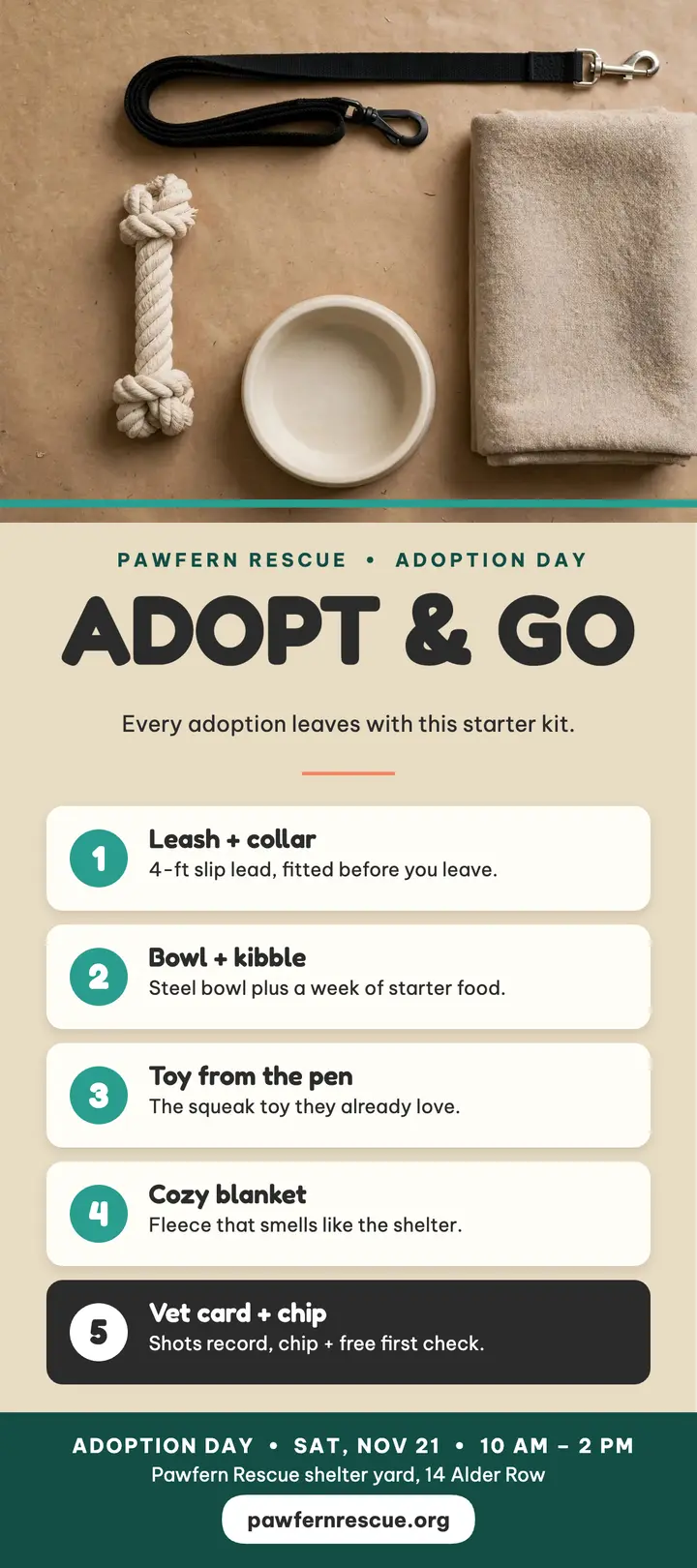 Pawfern Rescue adoption kit rack card: pet adoption checklist template