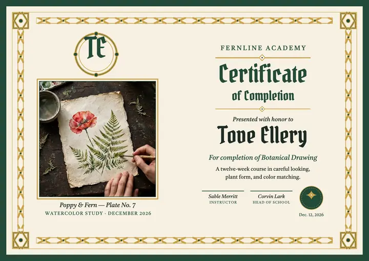 Fernline botanical drawing certificate template