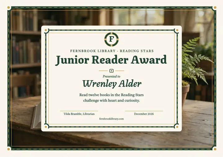 Fernbrook junior reader knotwork certificate template