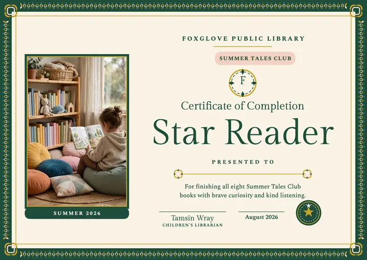 Summer Tales Club star reader certificate template