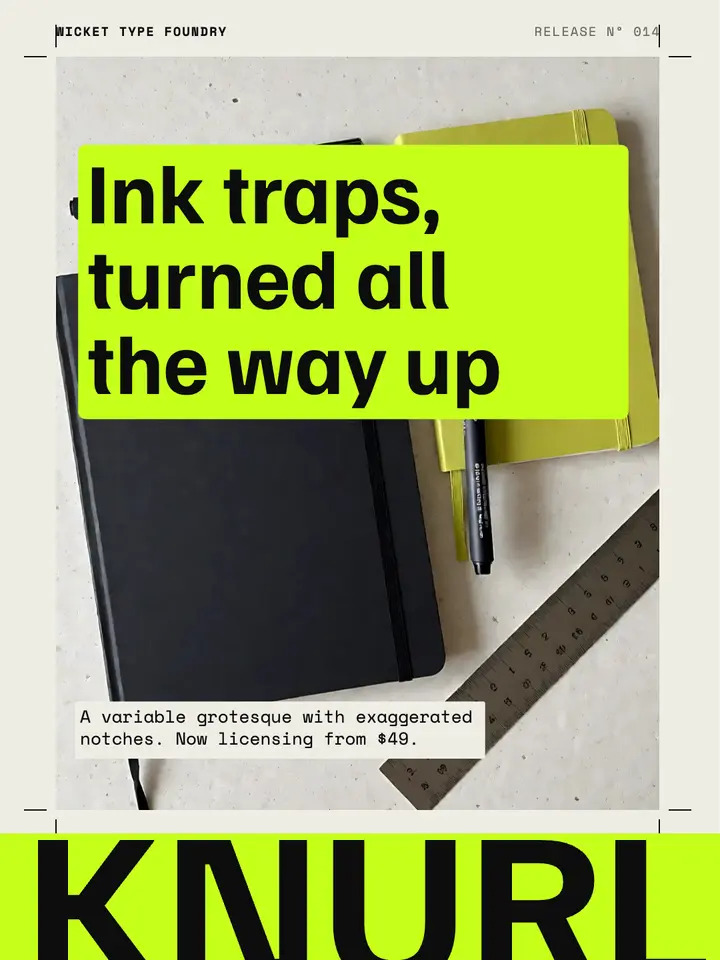 Typeface release portrait, ink-trap grotesk template