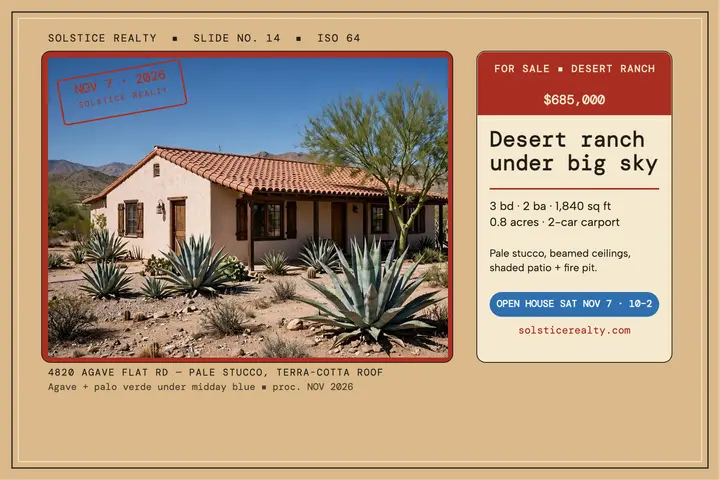 Solstice desert ranch color slide postcard template