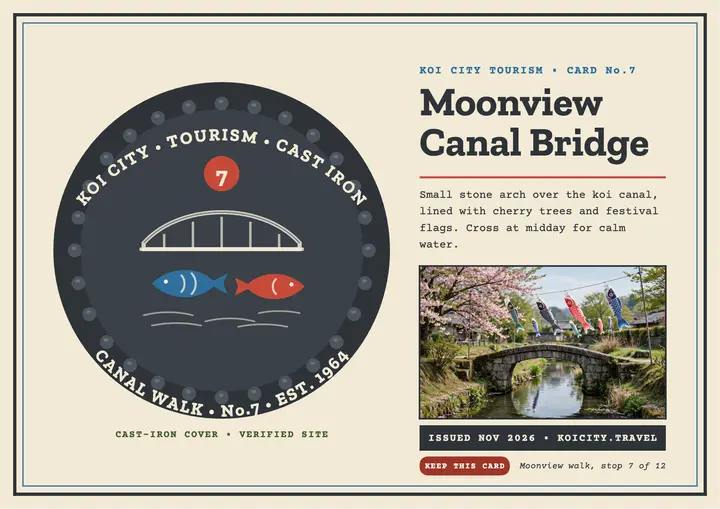 Koi City canal bridge collector card template