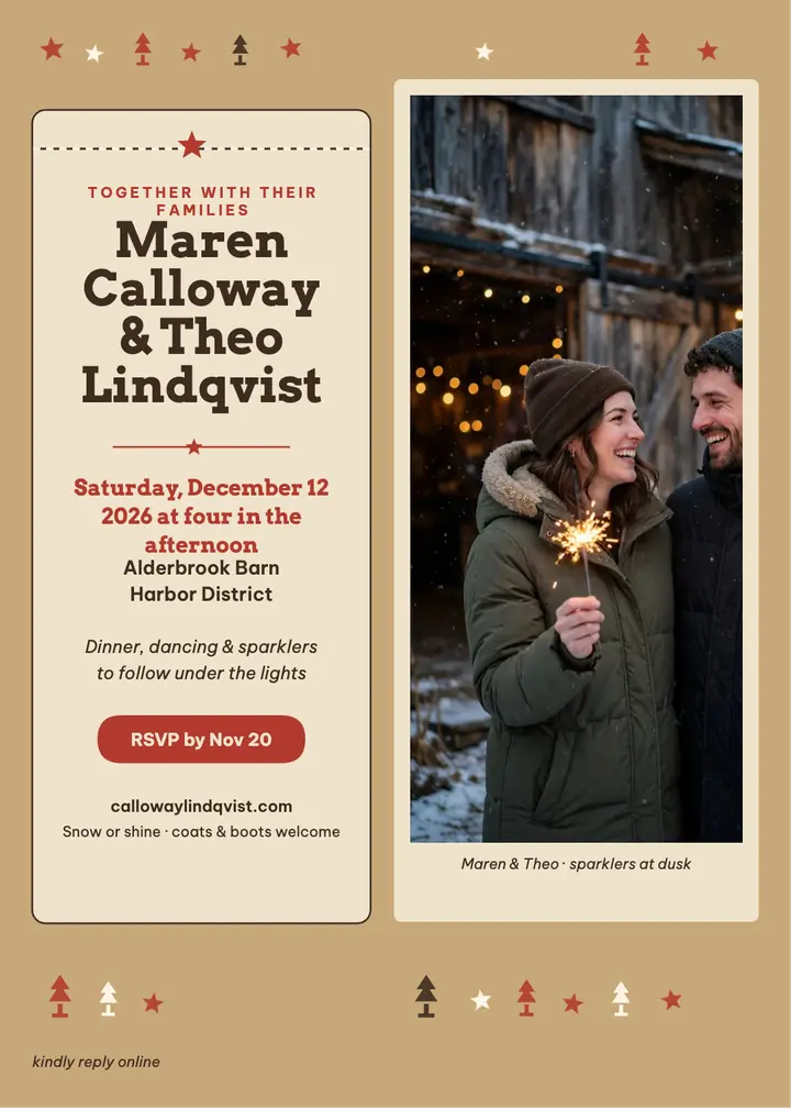 Maren and Theo barn winter invite: winter wedding invitation template