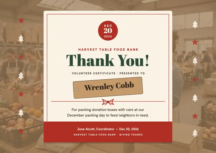 Harvest Table volunteer thank-you certificate template