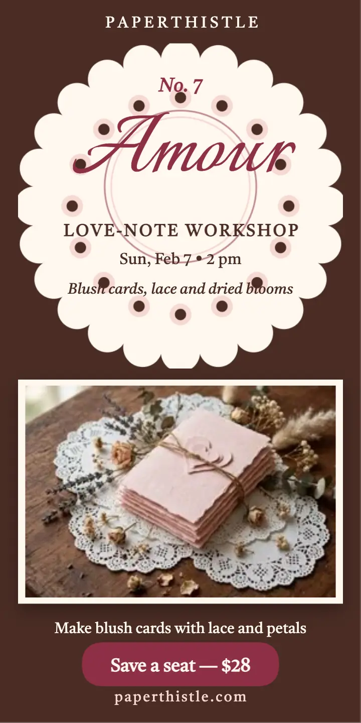 Paperthistle love-note workshop lace ad: valentine workshop ad template