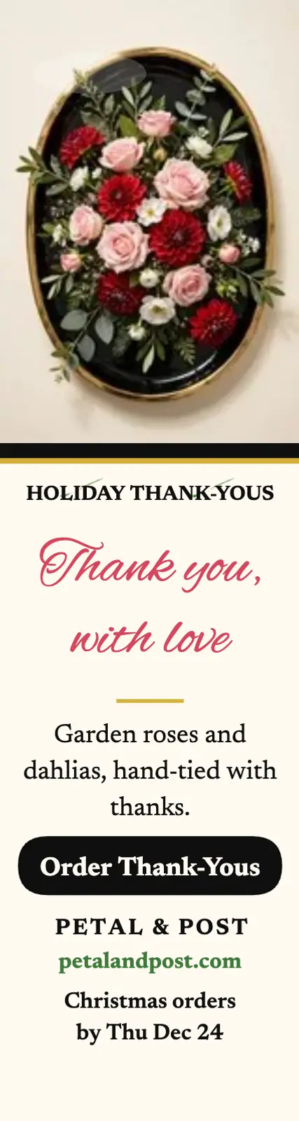 Petal and Post holiday thank-you ad: thank-you florist ad template