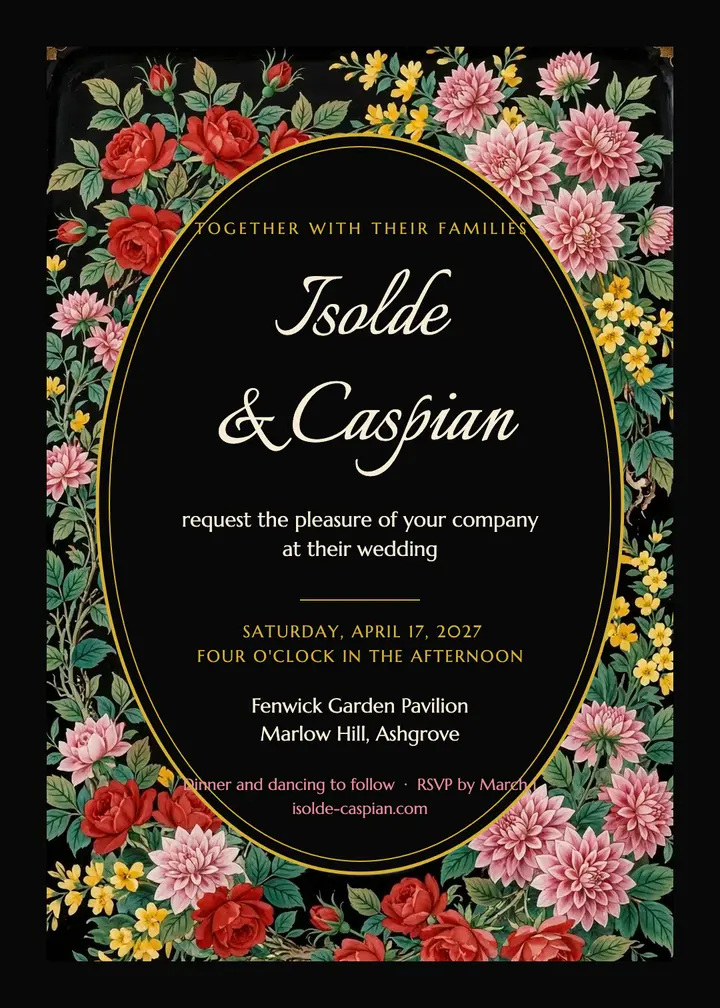 Isolde and Caspian lacquer florals wedding invite: floral wedding invitation template