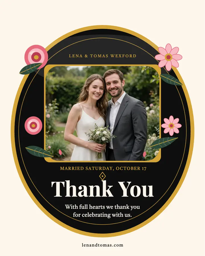 Lacquer floral fall wedding thank you post: wedding thank you post template