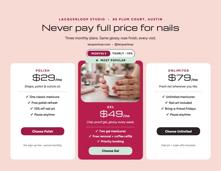 Lacquerloop nail membership tiers flyer: nail membership flyer template