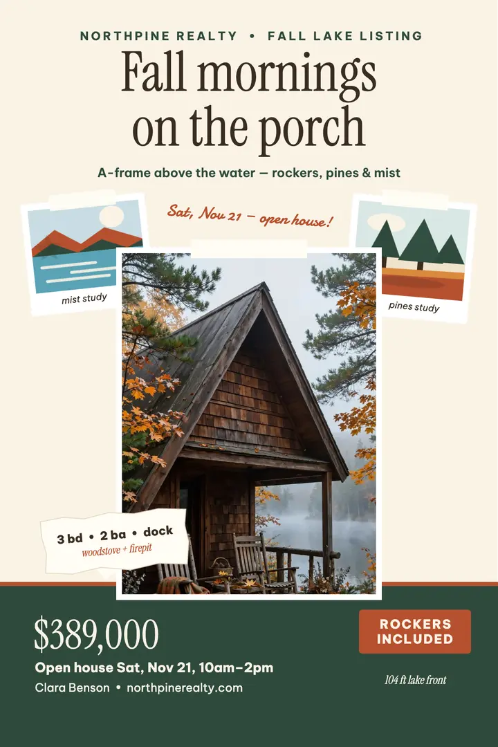 Northpine fall lake cabin listing poster: lake cabin listing poster template