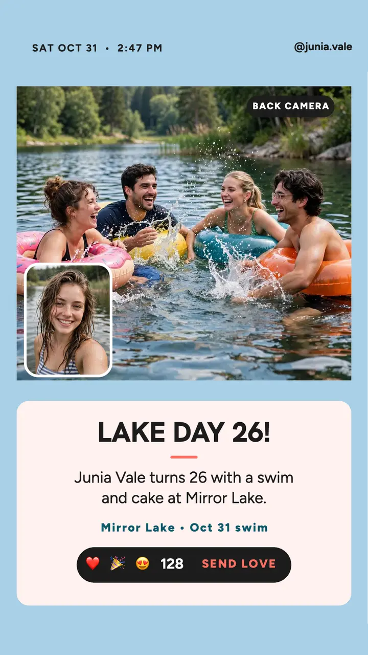 Junia Vale lakeside birthday dual camera story template