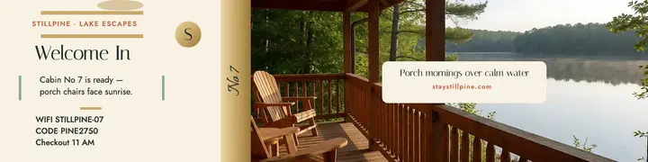 Stillpine Cabin welcome key banner: cabin rental banner template