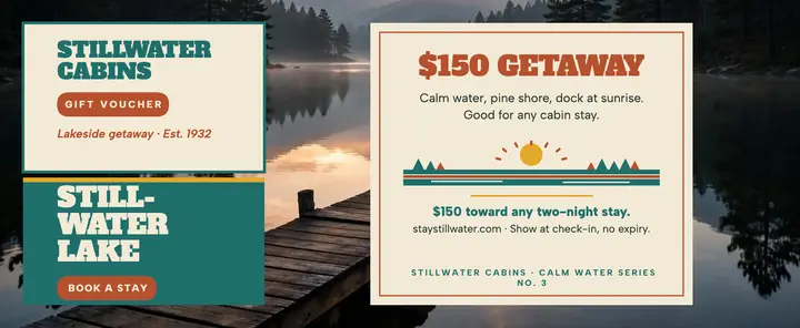 Stillwater Cabins lakeside getaway voucher template
