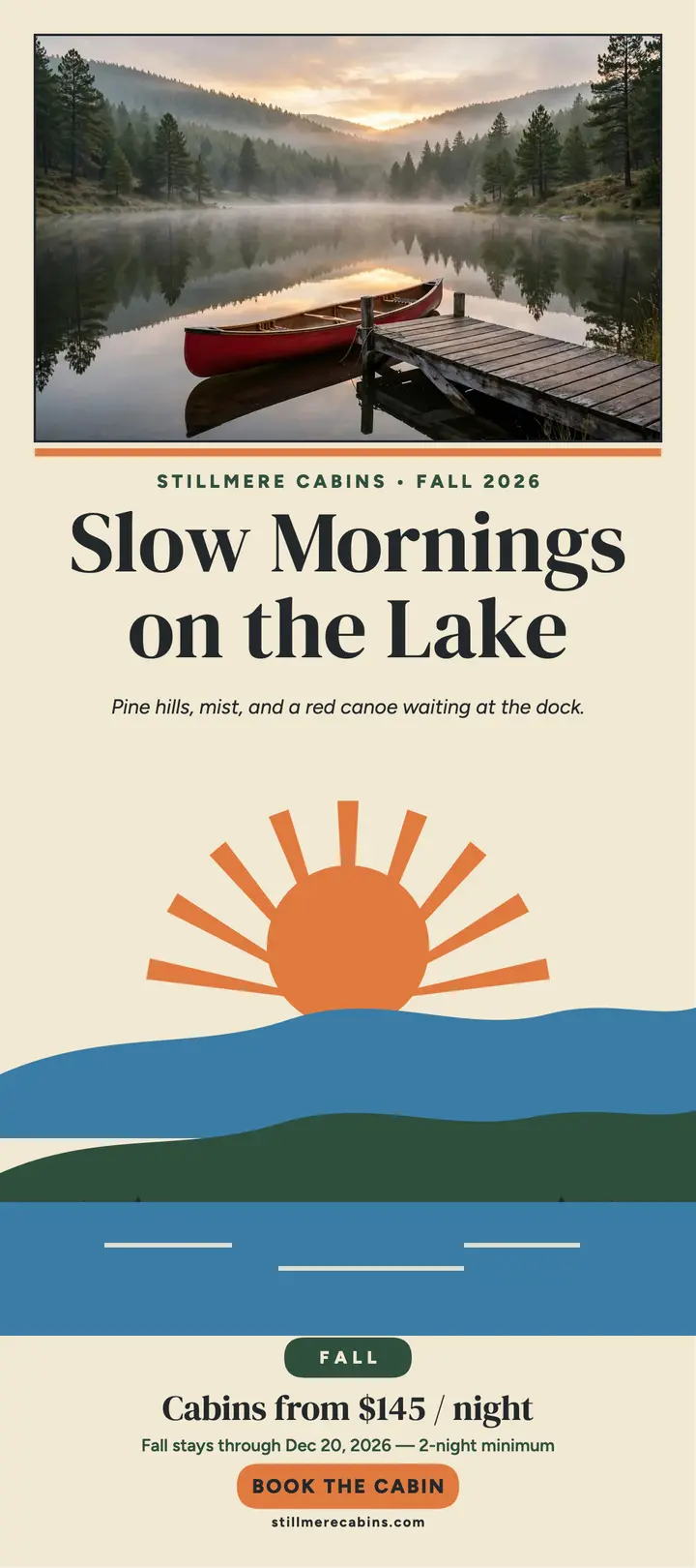 Stillmere Cabins fall lake rack card template
