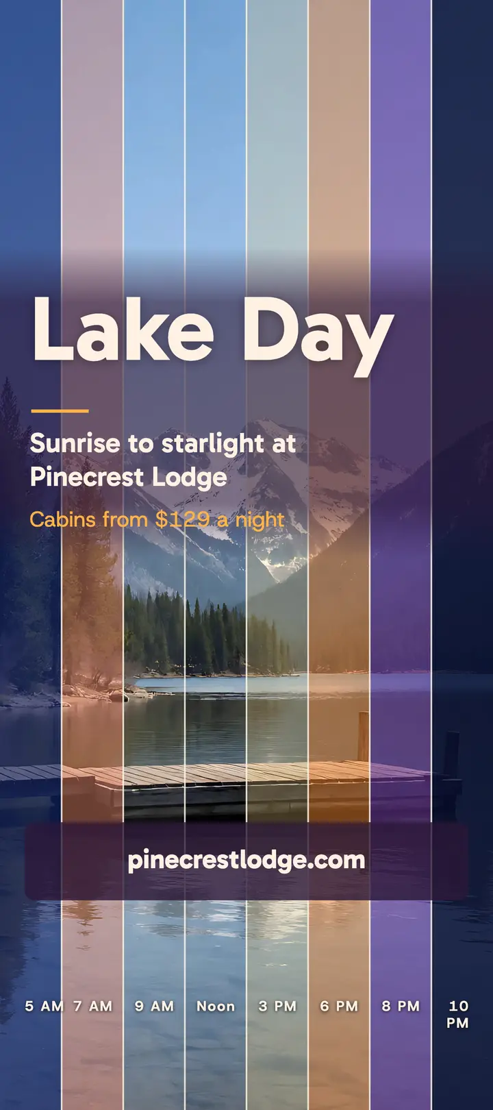 Pinecrest Lodge lake day time-slice rack card template