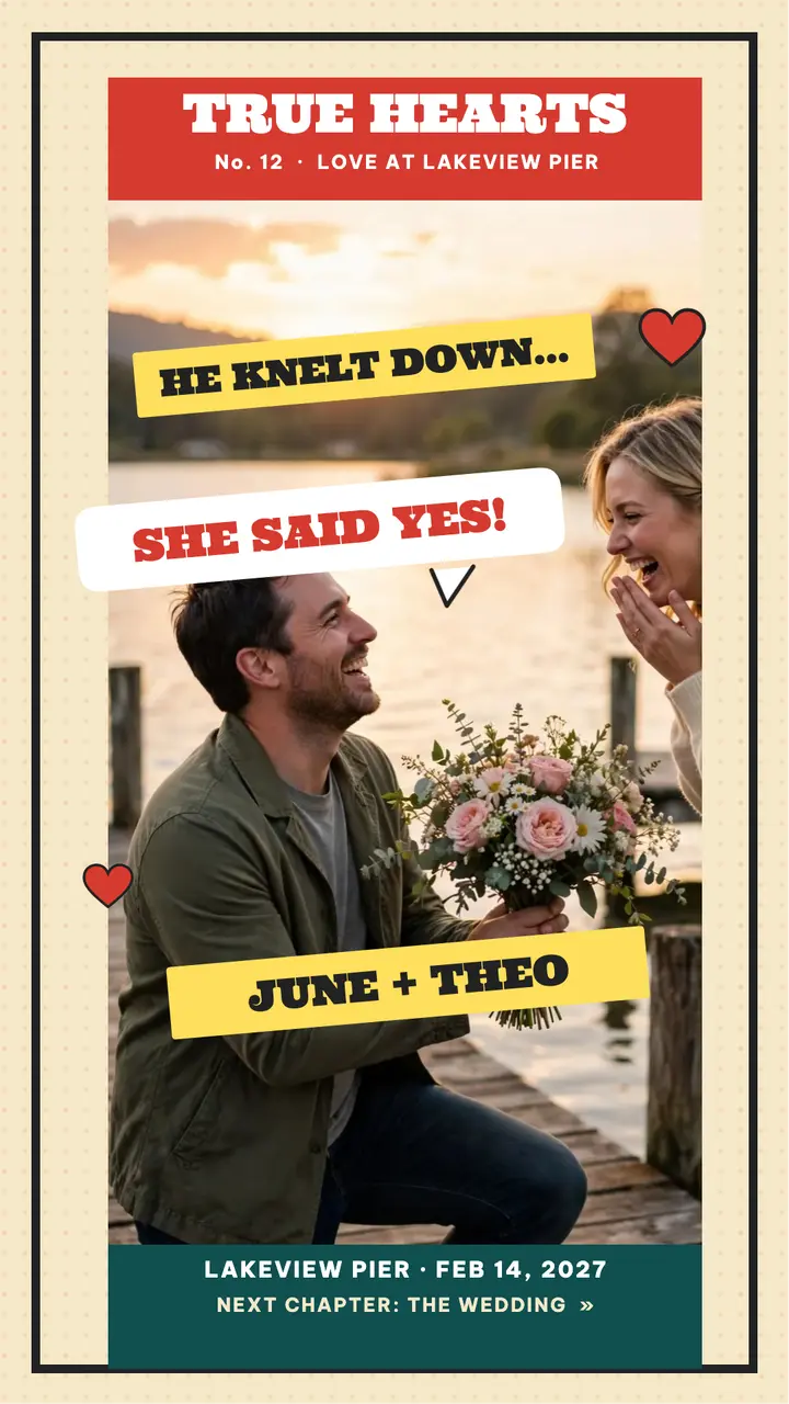 June and Theo lakeside proposal fotonovela story template