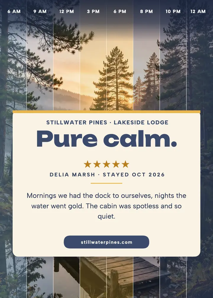 Stillwater Pines lakeside review, time slice template