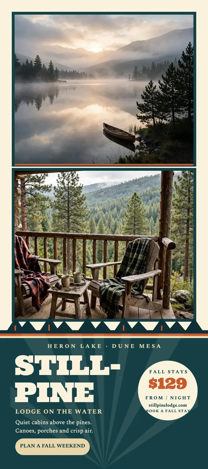 Stillpine Lodge lakeside getaway rack card template