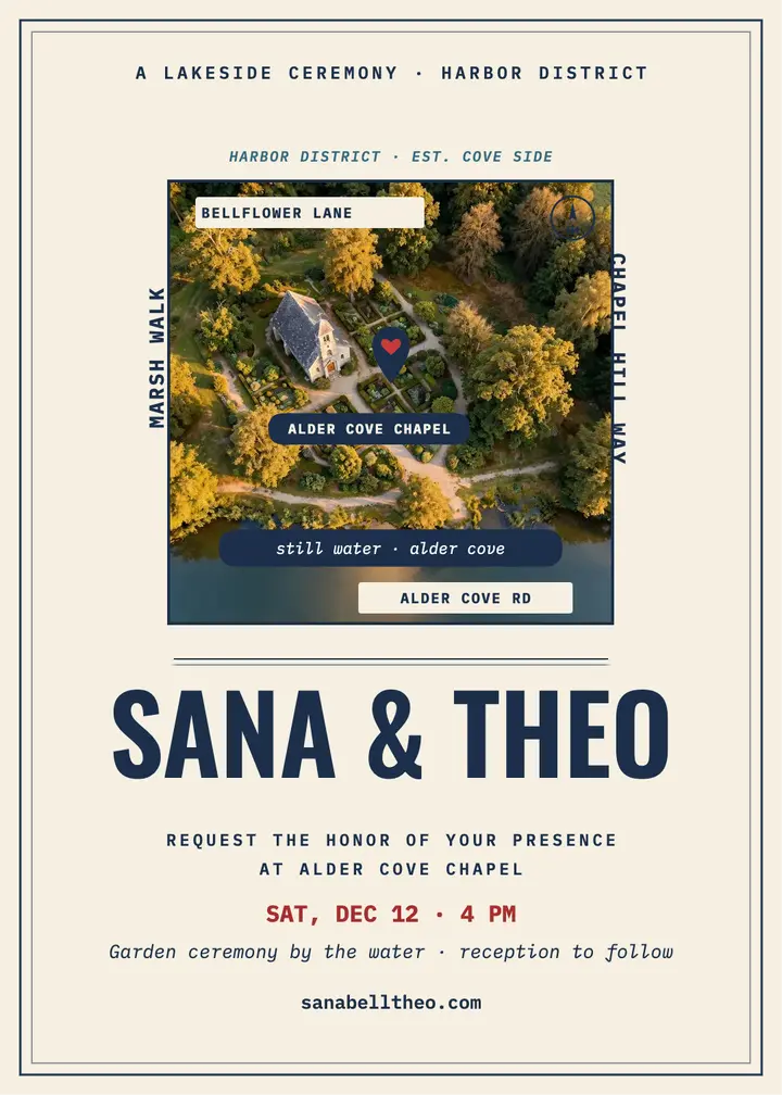 Sana and Theo lakeside map invitation: wedding invitation map template
