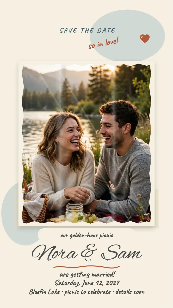 Nora and Sam lakeside picnic save-the-date template