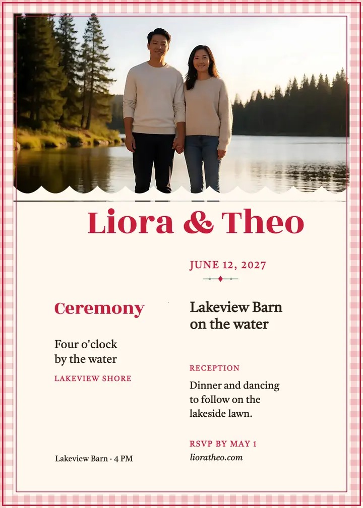 Liora and Theo lakeside invitation template