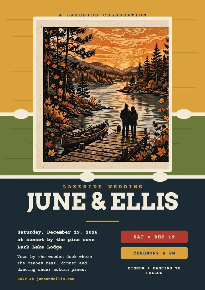 June and Ellis lakeside woodcut flyer: lakeside wedding flyer template