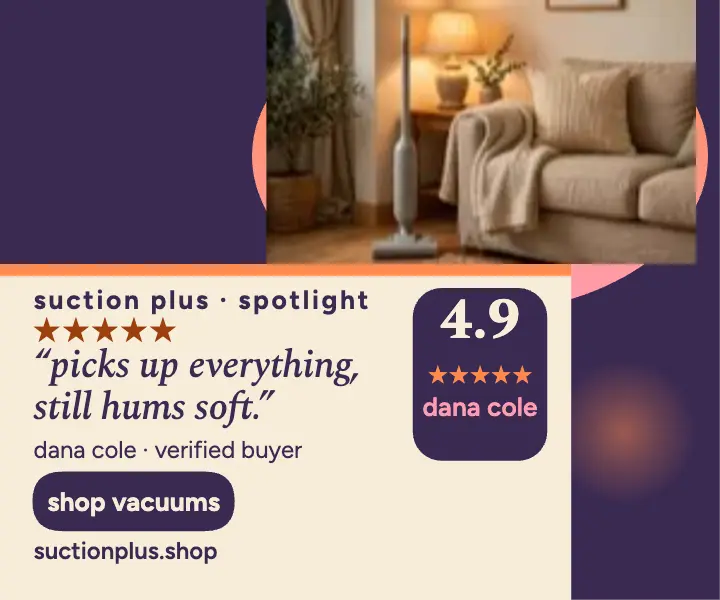 Suction Plus vacuum review lamp glow ad template