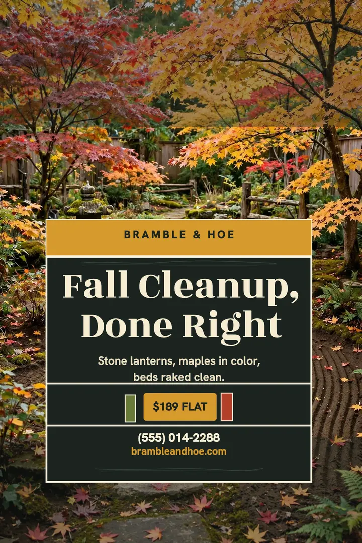 Bramble and Hoe fall cleanup woodcut poster: landscaper fall cleanup poster template