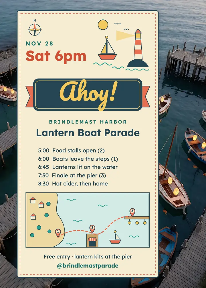 Brindlemast Harbor lantern boat parade invitation, pictorial map template