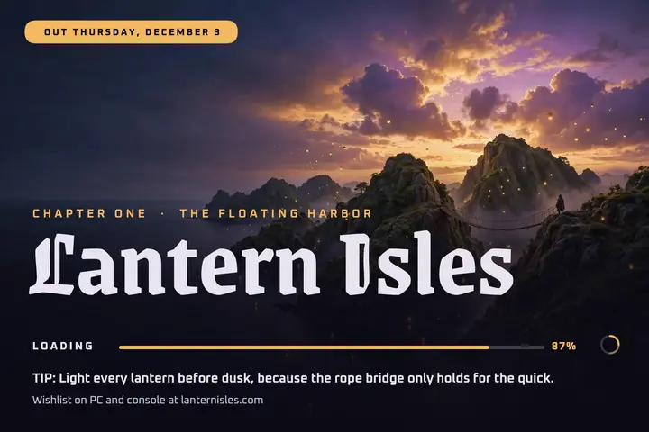 Lantern Isles game launch loading postcard template