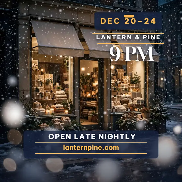 Lantern and Pine holiday late hours snow post template